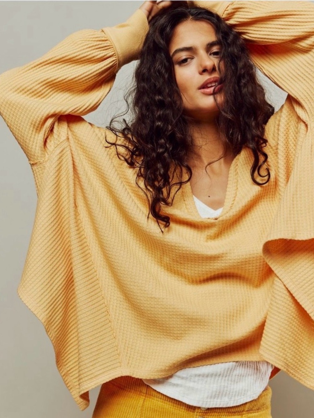 Free People We The Free Coraline Waffle Knit Thermal Top Mustard Yellow Size XS